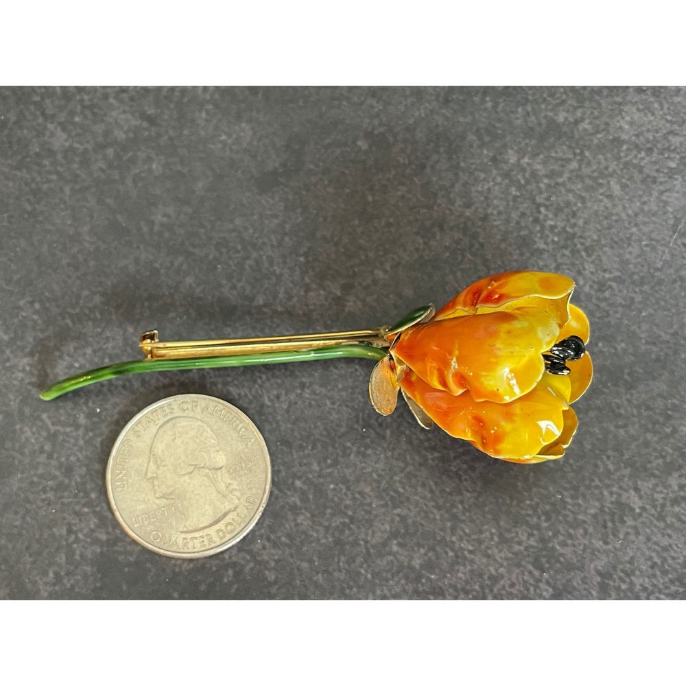 Vintage Enamel Tulip Flower Brooch Yellow Orange Gold Tone Floral Pin